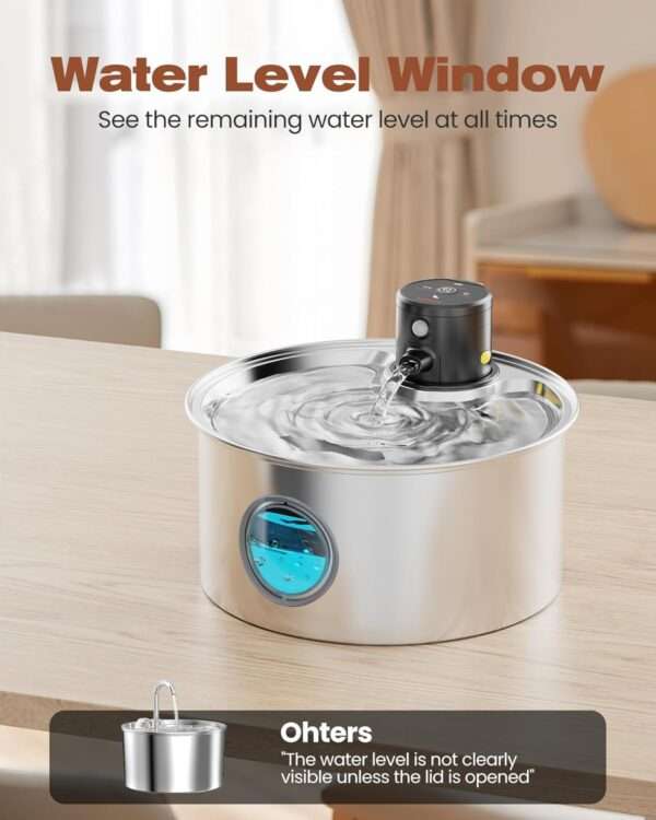Fuente de agua inalámbrica de acero inoxidable 3.2L para perros y gatos. Bebedero automático recargable, higiénico y moderno.