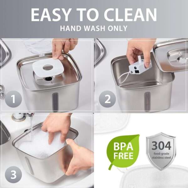 Fuente de agua de acero inoxidable 2.8L para mascotas. Bebedero con luz LED de nivel, ideal para perros y gatos que buscan agua fresca y limpia.