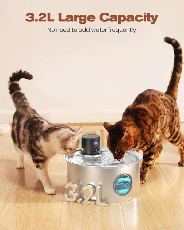 Fuente de agua inalámbrica de acero inoxidable 3.2L para perros y gatos. Bebedero automático recargable, higiénico y moderno.
