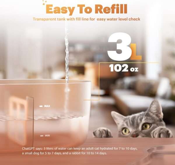 Fuente de agua inalámbrica para mascotas 3L. Bebedero con sensor de movimiento y bandeja de acero inoxidable, ideal para perros y gatos.