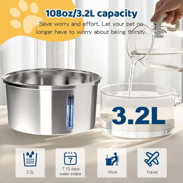 Fuente de agua inalámbrica recargable de acero inoxidable 3.2L para mascotas. Bebedero portátil y duradero, ideal para perros y gatos, con diseño moderno.
