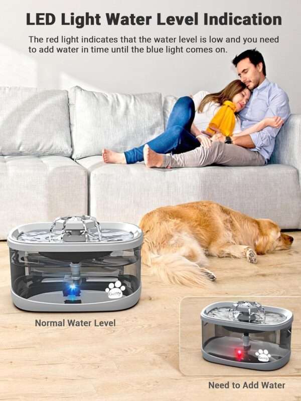 Fuente de agua para mascotas de 2.5 L con 3 modos de flujo. Bebedero con indicador LED inteligente para nivel de agua, ideal para perros y gatos de todos los tamaños.