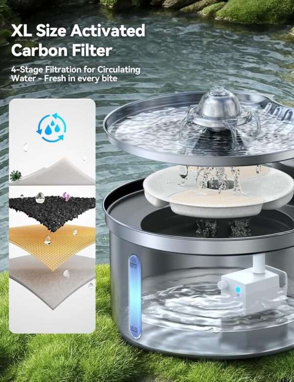 Fuente de agua ultrasilenciosa de acero inoxidable 3.5L. Bebedero inalámbrico para perros y gatos, con diseño moderno y gran capacidad.
