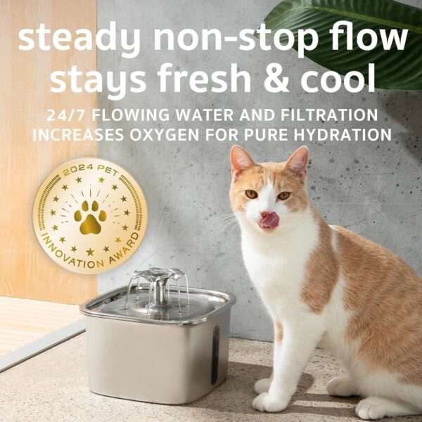 Fuente de agua de acero inoxidable 2.8L para mascotas. Bebedero con luz LED de nivel, ideal para perros y gatos que buscan agua fresca y limpia.