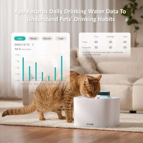 Fuente de agua inalámbrica 3.6L para mascotas. Bebedero recargable con control por aplicación móvil, ideal para monitorear y gestionar la hidratación de perros y gatos.