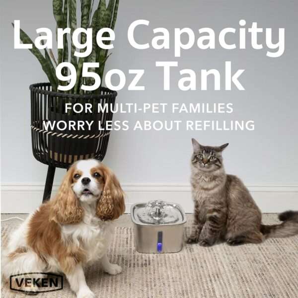 Fuente de agua de acero inoxidable 2.8L para mascotas. Bebedero con luz LED de nivel, ideal para perros y gatos que buscan agua fresca y limpia.