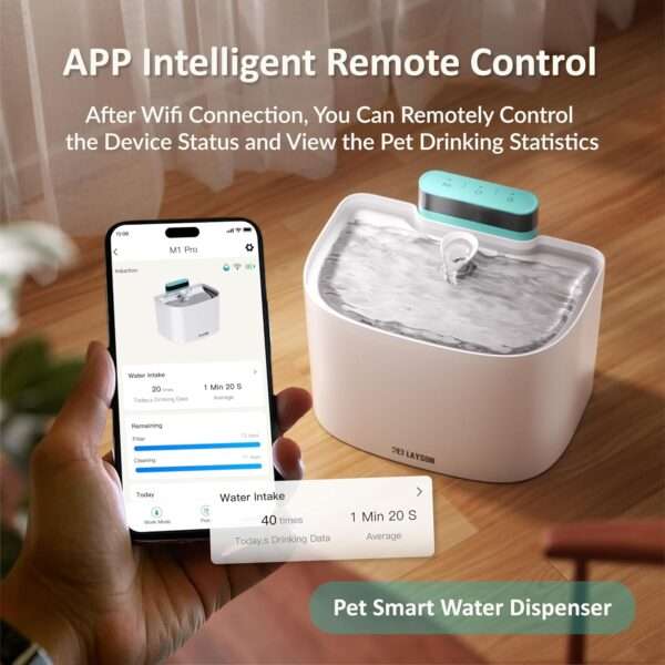Fuente de agua inalámbrica 3.6L para mascotas. Bebedero recargable con control por aplicación móvil, ideal para monitorear y gestionar la hidratación de perros y gatos.