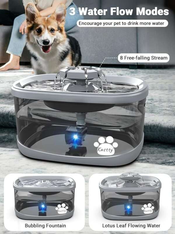 Fuente de agua para mascotas de 2.5 L con 3 modos de flujo. Bebedero con indicador LED inteligente para nivel de agua, ideal para perros y gatos de todos los tamaños.