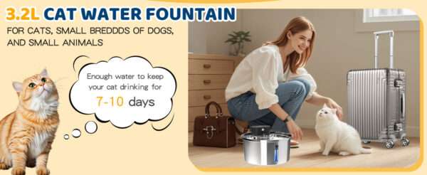 Fuente de agua inalámbrica recargable de acero inoxidable 3.2L para mascotas. Bebedero portátil y duradero, ideal para perros y gatos, con diseño moderno.