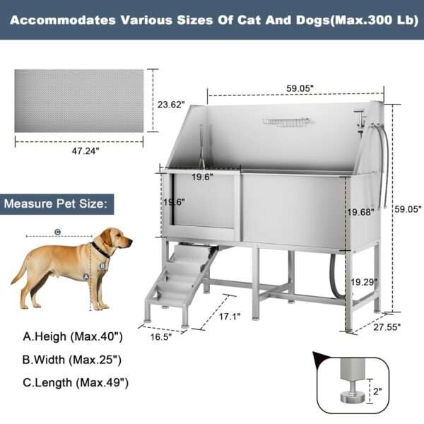 Bañera profesional de acero inoxidable para perros con rampa antideslizante, 149x149x70 cm.