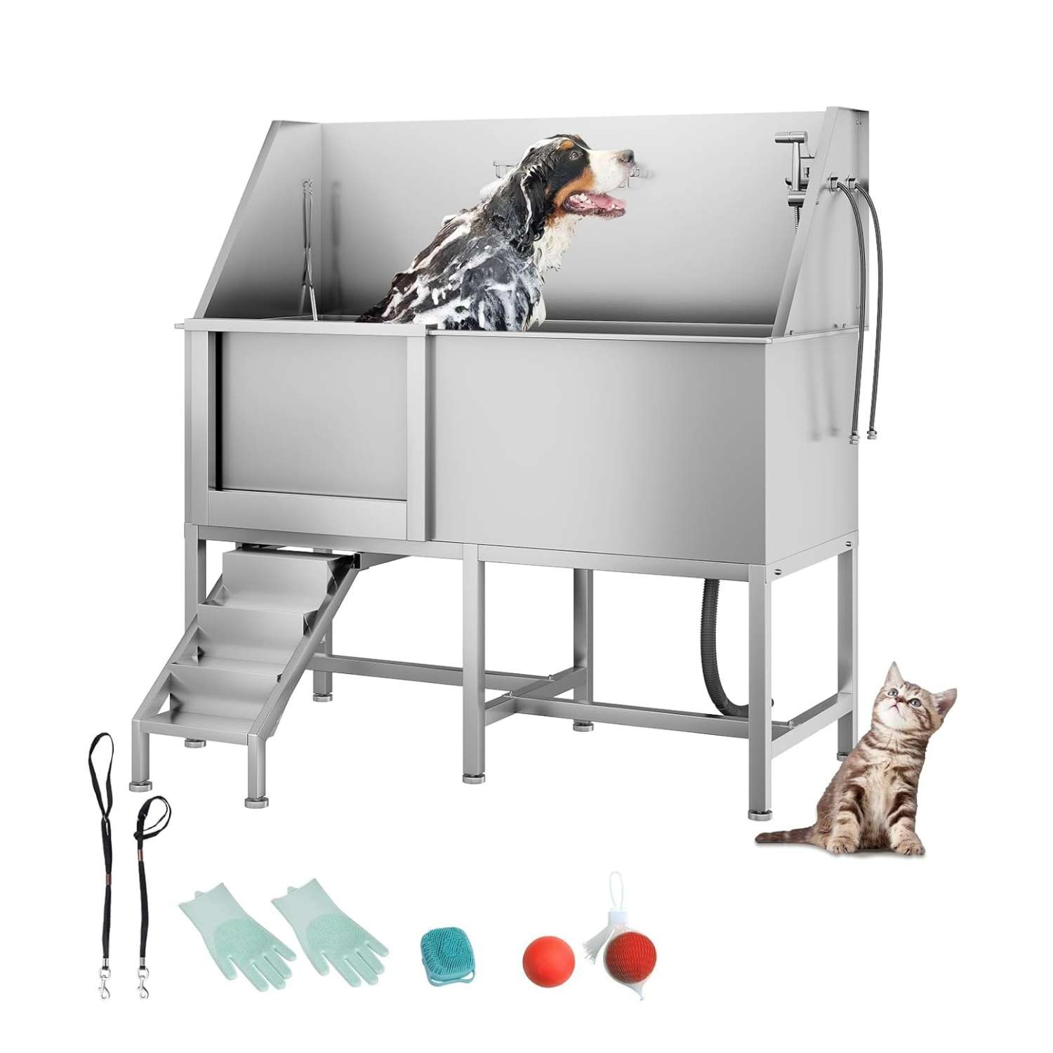 Bañera profesional de acero inoxidable para perros con rampa antideslizante, 149x149x70 cm.
