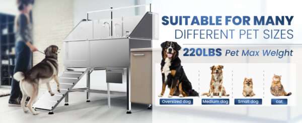 Bañera profesional para peluquería canina con altura ajustable y accesorios, dimensiones 142x68x127 cm.