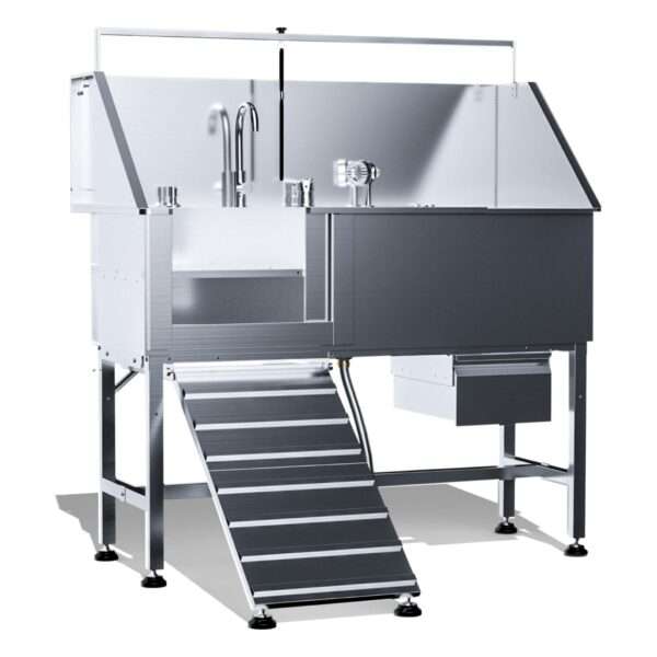 Bañera profesional para peluquería canina con altura ajustable y accesorios, dimensiones 142x68x127 cm.