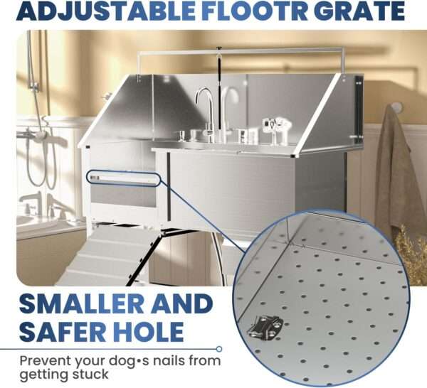 Bañera profesional para peluquería canina con altura ajustable y accesorios, dimensiones 142x68x127 cm.