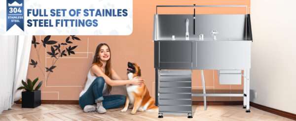 Bañera profesional para peluquería canina con altura ajustable y accesorios, dimensiones 142x68x127 cm.