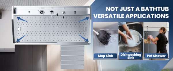 Bañera profesional para peluquería canina con altura ajustable y accesorios, dimensiones 142x68x127 cm.