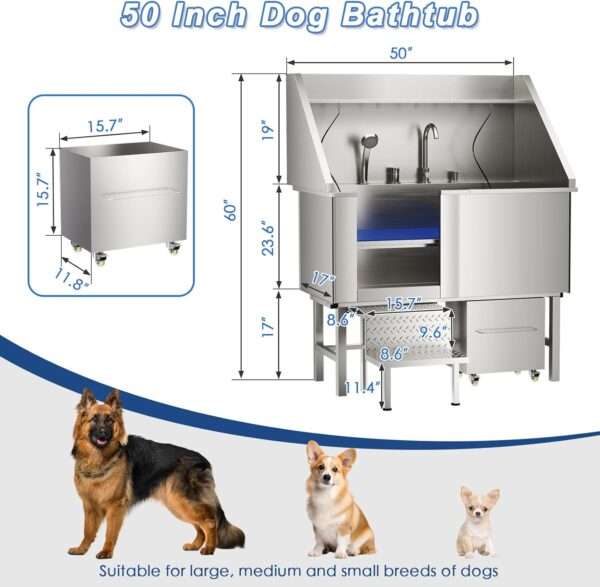 Bañera profesional de acero inoxidable para perros, dimensiones 152x43x127 cm con componentes incluidos.