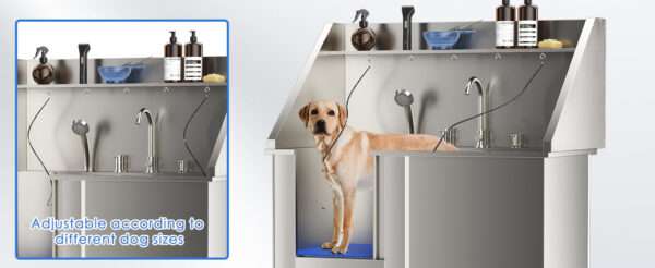 Bañera profesional de acero inoxidable para perros, dimensiones 152x43x127 cm con componentes incluidos.