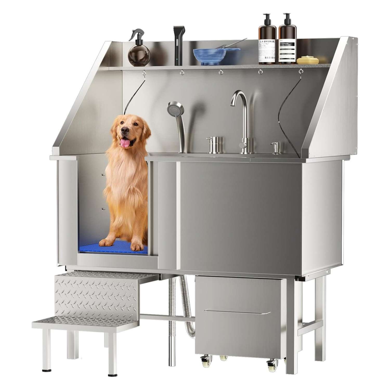Bañera profesional de acero inoxidable para perros, dimensiones 152x43x127 cm con componentes incluidos.