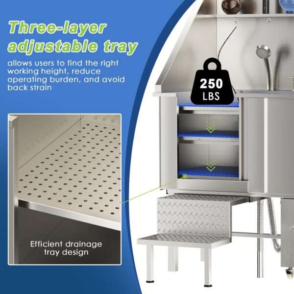 Bañera profesional de acero inoxidable para perros, dimensiones 152x43x127 cm con componentes incluidos.