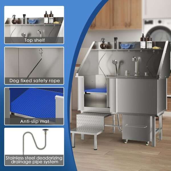 Bañera profesional de acero inoxidable para perros, dimensiones 152x43x127 cm con componentes incluidos.