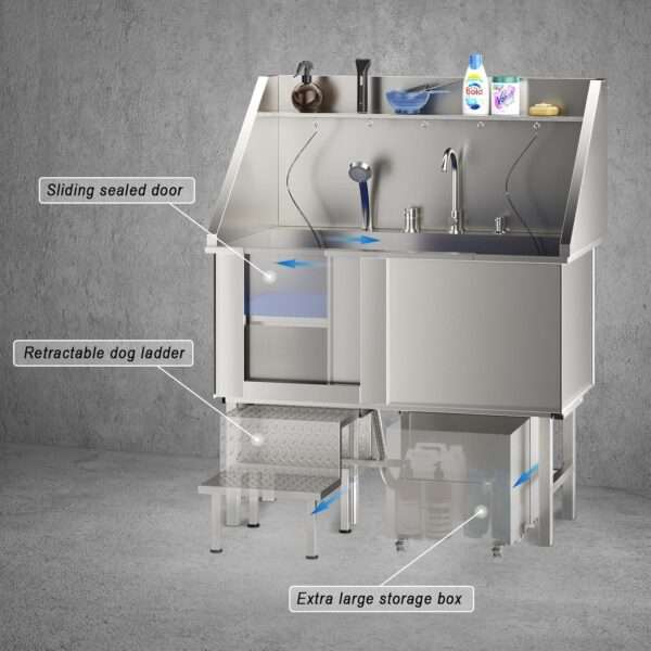 Bañera profesional de acero inoxidable para perros, dimensiones 152x43x127 cm con componentes incluidos.