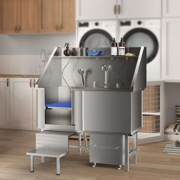 Bañera profesional de acero inoxidable para perros, dimensiones 152x43x127 cm con componentes incluidos.