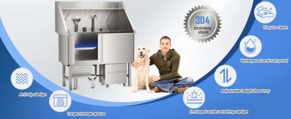 Bañera profesional de acero inoxidable para perros, dimensiones 152x43x127 cm con componentes incluidos.