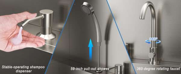 Bañera profesional de acero inoxidable para perros, dimensiones 152x43x127 cm con componentes incluidos.