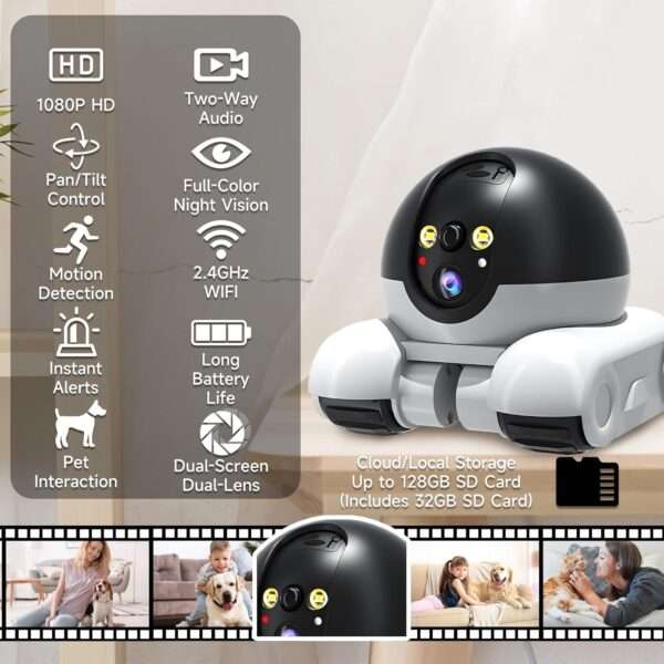 Cámara robot móvil 1080P para el hogar, monitor Wi-Fi para bebés, perros y gatos.