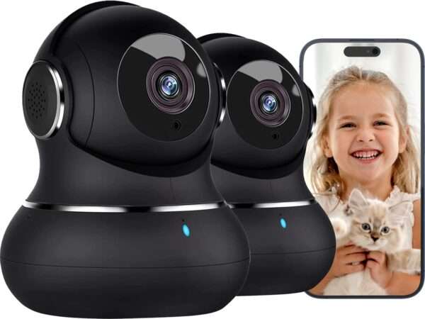 Cámara de seguridad Wi-Fi 2K para interiores con visión nocturna a color y sensor de movimiento, ideal para monitorear bebés y mascotas.