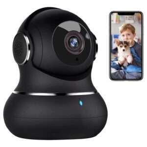 Cámara de seguridad Wi-Fi 2K para interiores con visión nocturna a color y sensor de movimiento, ideal para monitorear bebés y mascotas.