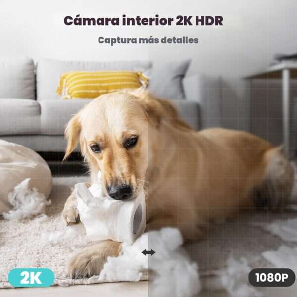 Cámara de seguridad Wi-Fi 2K para interiores con visión nocturna a color y sensor de movimiento, ideal para monitorear bebés y mascotas.