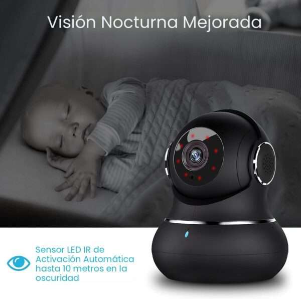 Cámara de seguridad Wi-Fi 2K para interiores con visión nocturna a color y sensor de movimiento, ideal para monitorear bebés y mascotas.