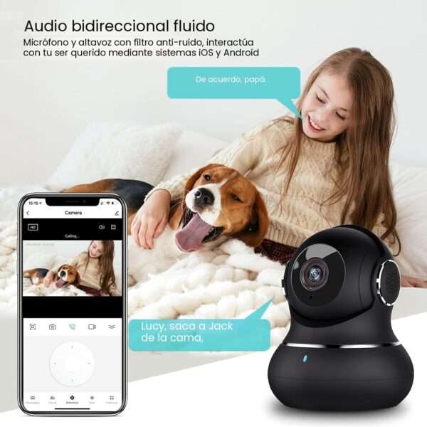 Cámara de seguridad Wi-Fi 2K para interiores con visión nocturna a color y sensor de movimiento, ideal para monitorear bebés y mascotas.
