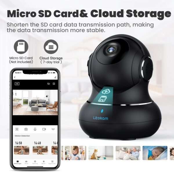 Cámara de seguridad Wi-Fi 2K para interiores con visión nocturna a color y sensor de movimiento, ideal para monitorear bebés y mascotas.