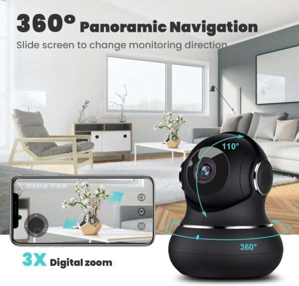 Cámara de seguridad Wi-Fi 2K para interiores con visión nocturna a color y sensor de movimiento, ideal para monitorear bebés y mascotas.