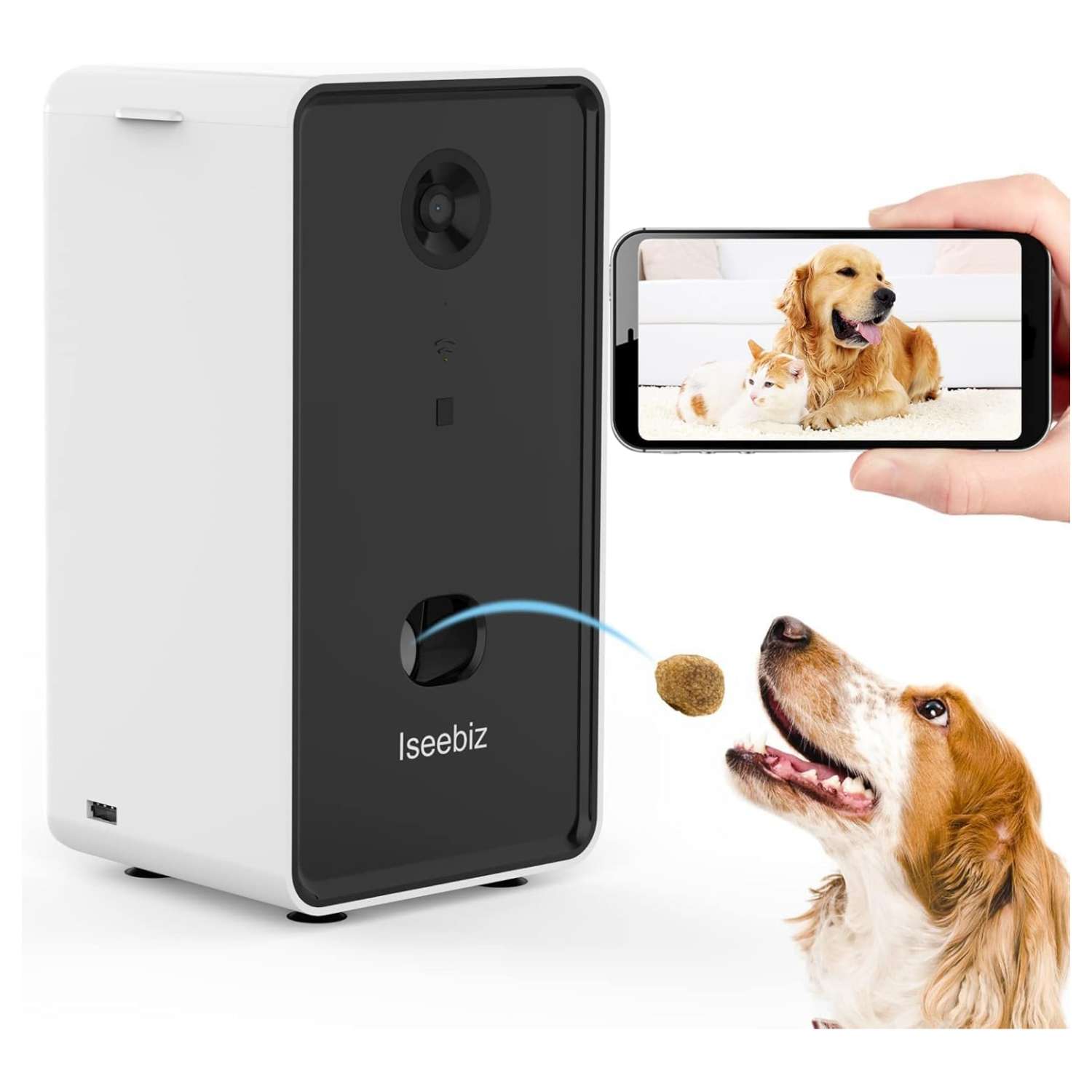 Cámara para mascotas con dispensador de golosinas, conectividad Wi-Fi, visión nocturna y detección de movimiento.