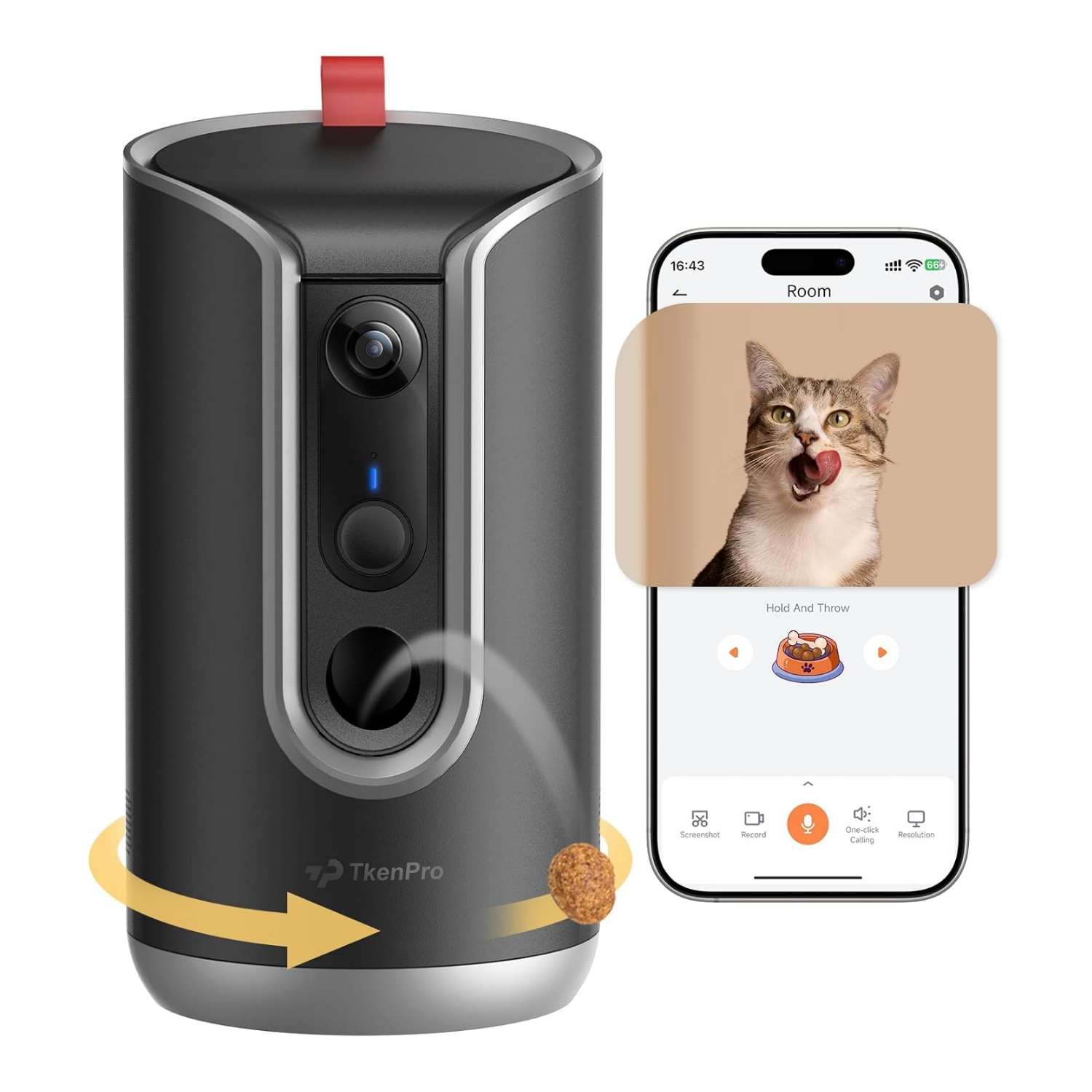 Cámara Wi-Fi para mascotas con dispensador de golosinas y seguimiento automático 360 grados.