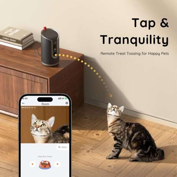 Cámara Wi-Fi para mascotas con dispensador de golosinas y seguimiento automático 360 grados.