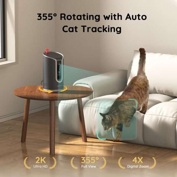 Cámara Wi-Fi para mascotas con dispensador de golosinas y seguimiento automático 360 grados.