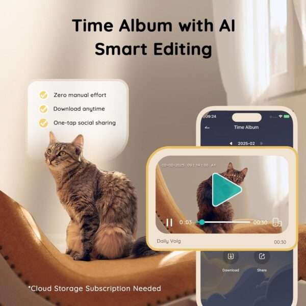Cámara Wi-Fi para mascotas con dispensador de golosinas y seguimiento automático 360 grados.