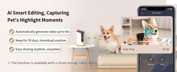 Cámara para mascotas con dispensador de golosinas, Wi-Fi 2K 360°, visión nocturna a color.