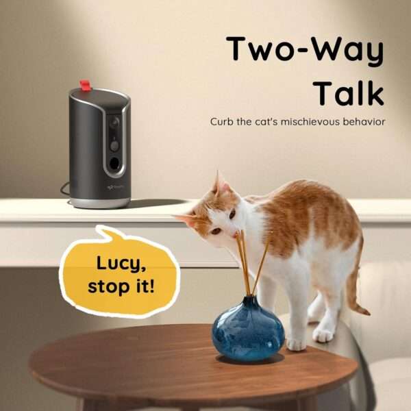 Cámara Wi-Fi para mascotas con dispensador de golosinas y seguimiento automático 360 grados.