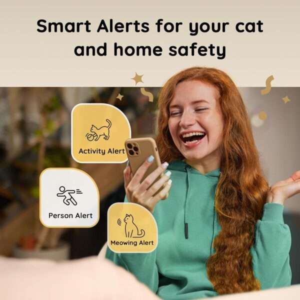 Cámara Wi-Fi para mascotas con dispensador de golosinas y seguimiento automático 360 grados.