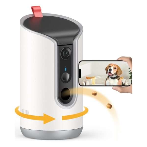Cámara para mascotas con dispensador de golosinas, Wi-Fi 2K 360°, visión nocturna a color.