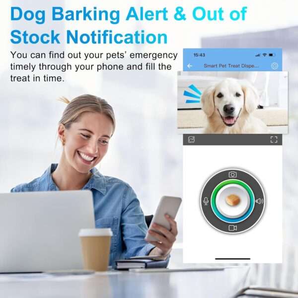 Cámara para mascotas con dispensador de golosinas, conectividad Wi-Fi, visión nocturna y detección de movimiento.