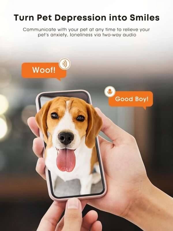 Cámara para mascotas Wi-Fi 2K con dispensador de golosinas y visión de 360 grados.