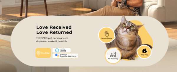 Cámara Wi-Fi para mascotas con dispensador de golosinas y seguimiento automático 360 grados.