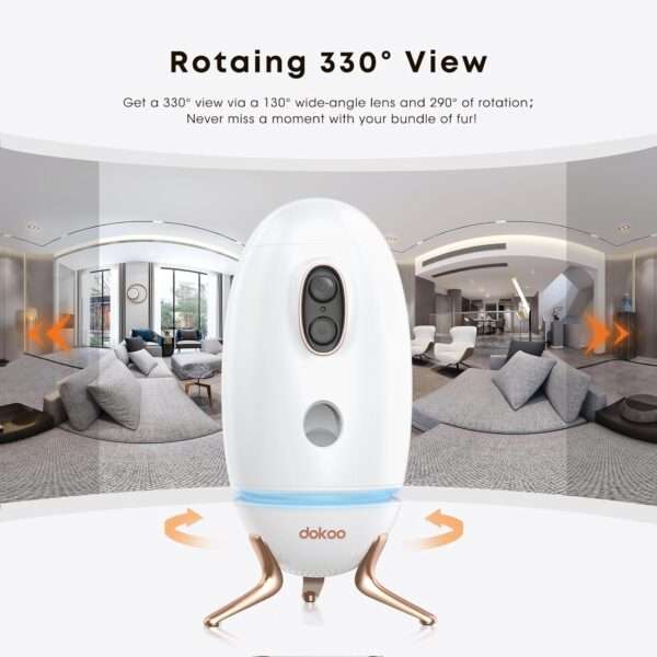 Cámara para mascotas Wi-Fi 2K con dispensador de golosinas y visión de 360 grados.
